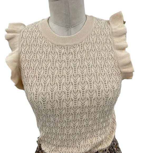 Anthropologie Current Air Dress Mini Sweater Ruffle Crewneck Beige Size Small - Picture 3 of 13